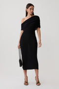 Adalina Fluid Loose Neck Jersey Mesh Midi Dress - Black