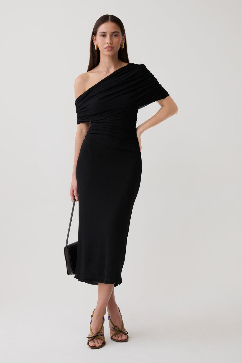 Adalina Fluid Loose Neck Jersey Mesh Midi Dress - Black