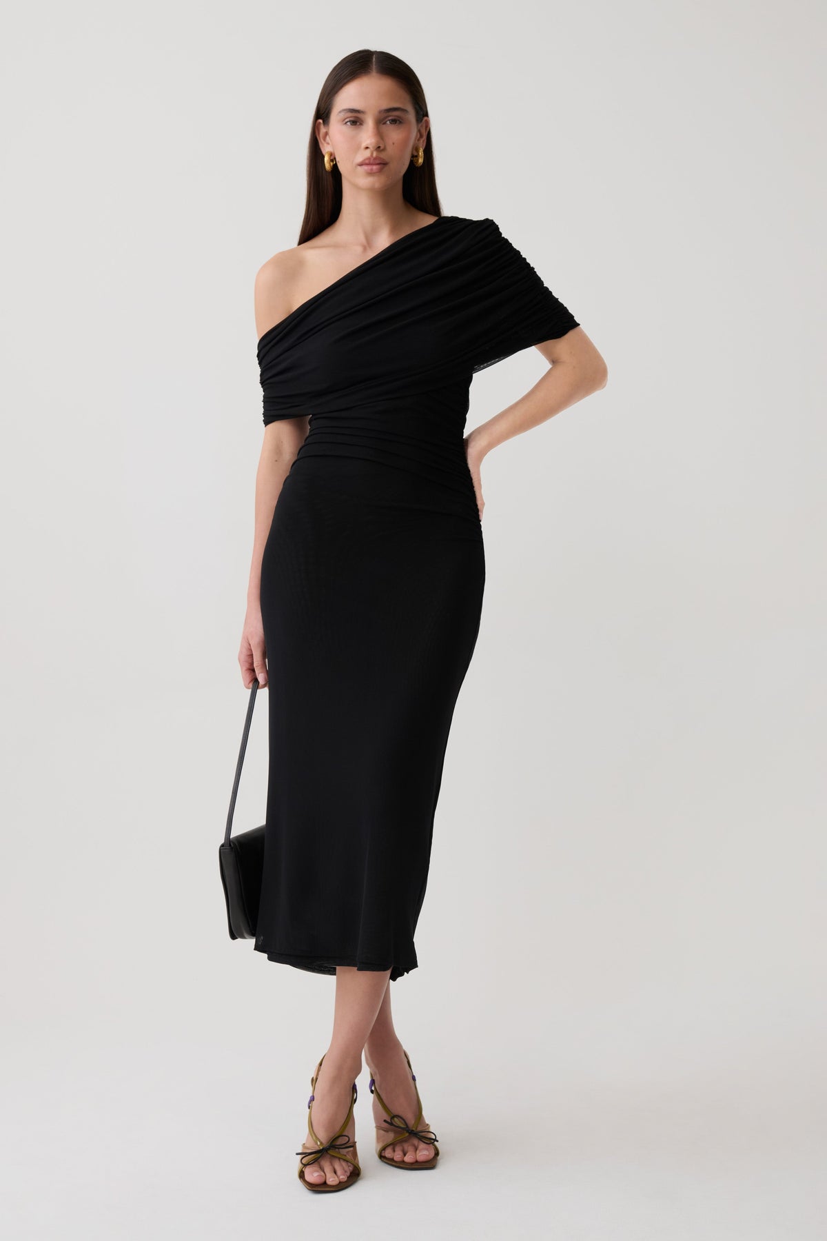 Adalina Fluid Loose Neck Jersey Mesh Midi Dress - Black