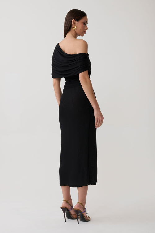 Adalina Fluid Loose Neck Jersey Mesh Midi Dress - Black