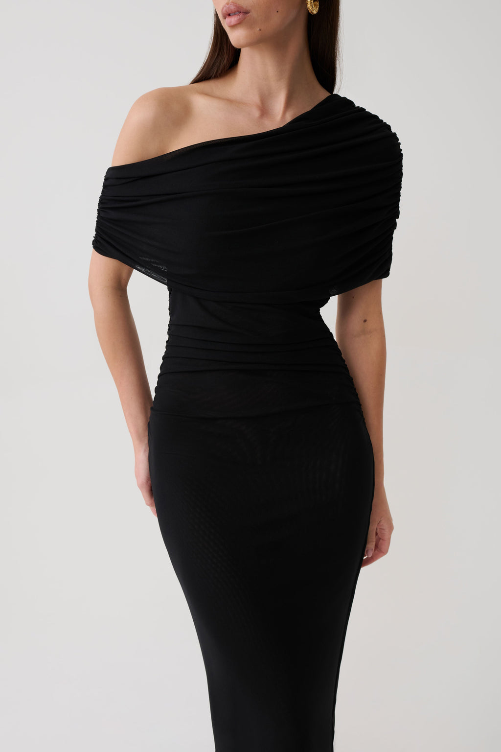 Adalina Fluid Loose Neck Jersey Mesh Midi Dress - Black