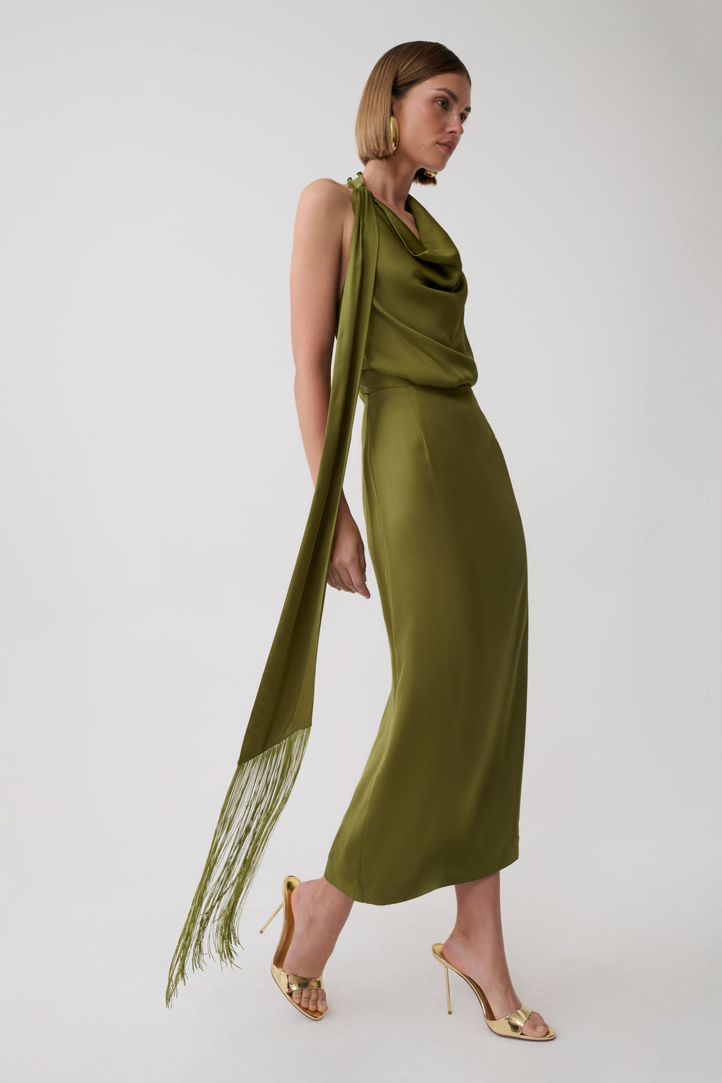 Keena Satin Midi Dress With Fringe Scarf - Olive