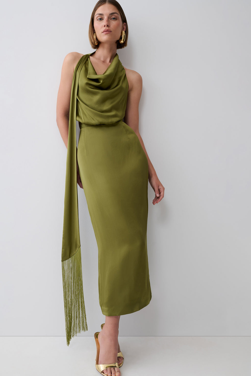 Keena Satin Midi Dress With Fringe Scarf - Olive