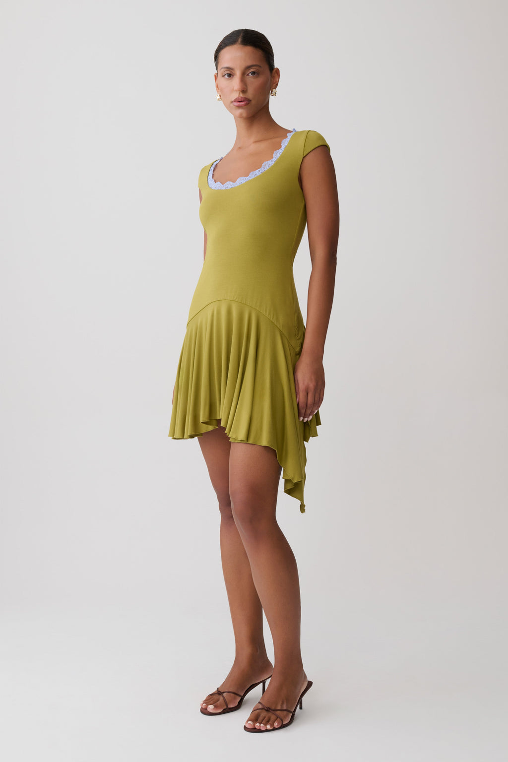 Gardenia Lace Trim Scoop Neck Mini Dress - Olive/Cornflower