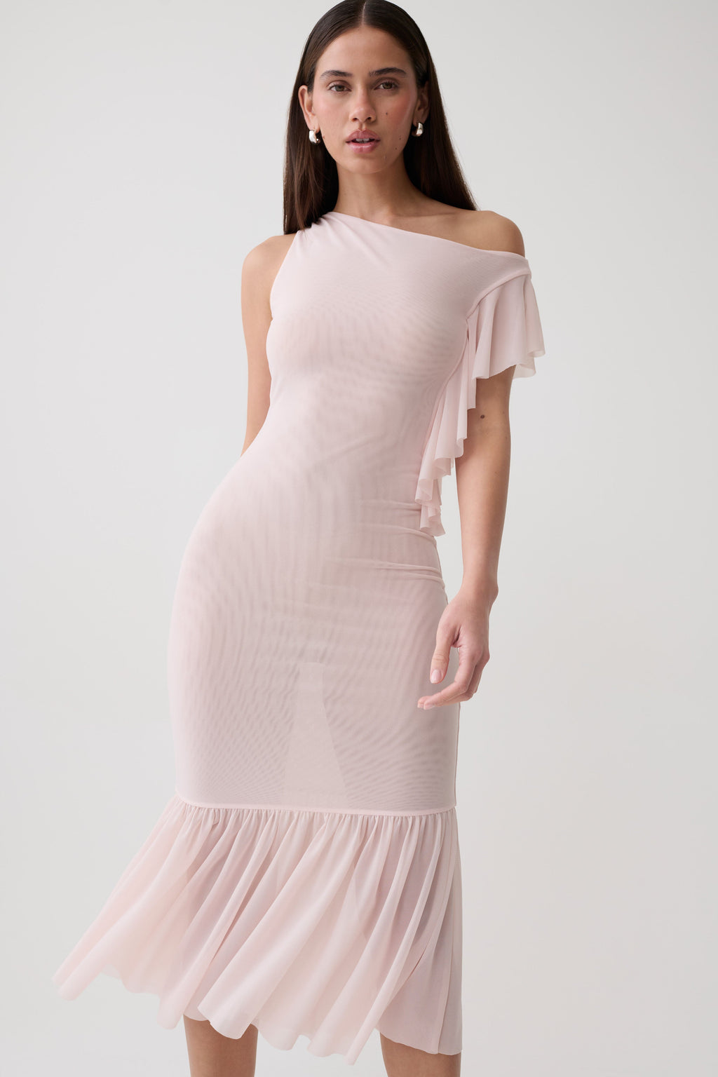 Milana Mesh Midi Off Shoulder Dress - Pale Pink