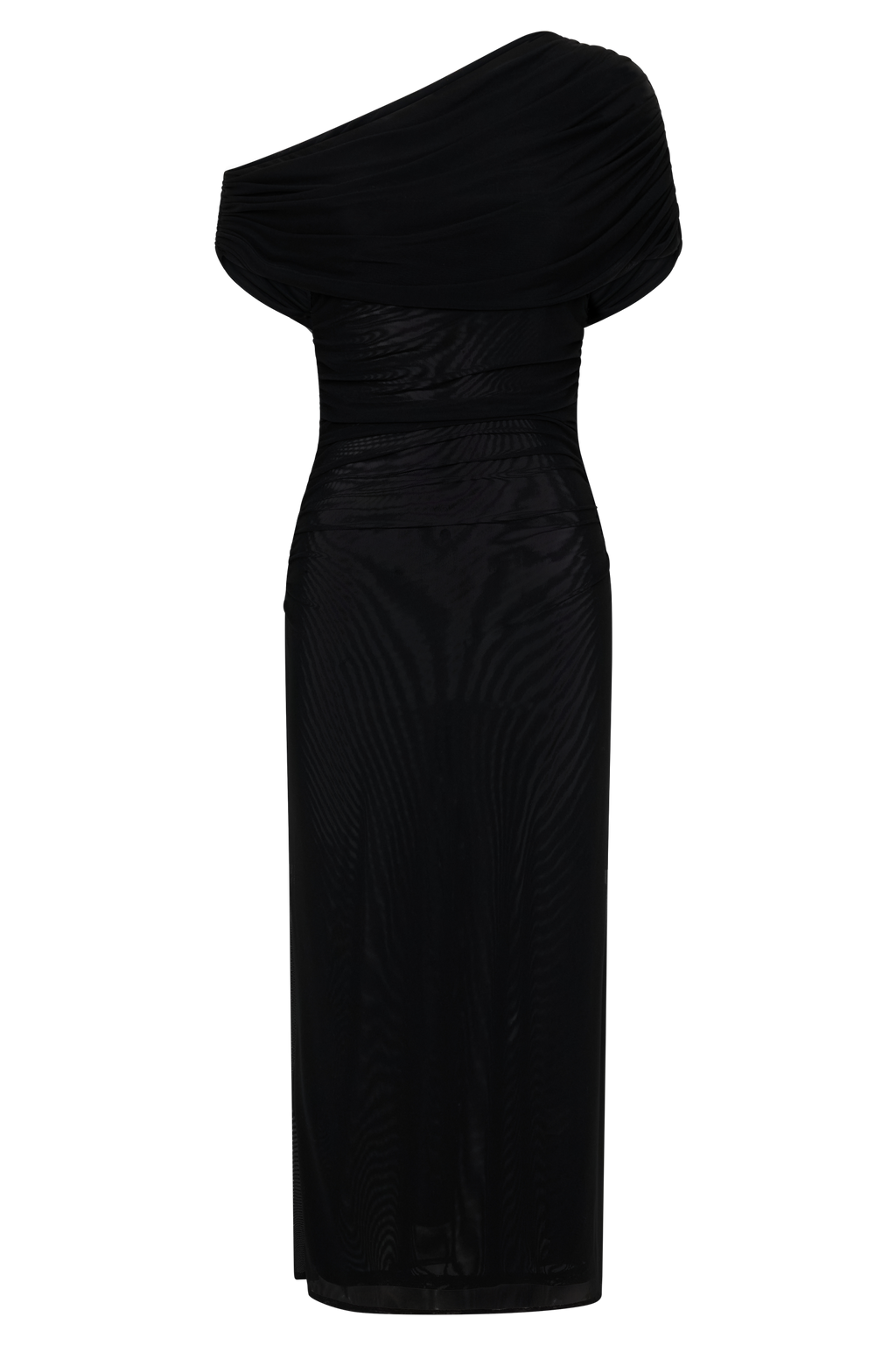 Adalina Fluid Loose Neck Jersey Mesh Midi Dress - Black