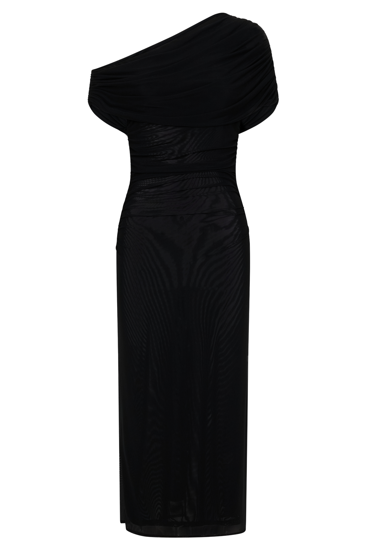 Adalina Fluid Loose Neck Jersey Mesh Midi Dress - Black