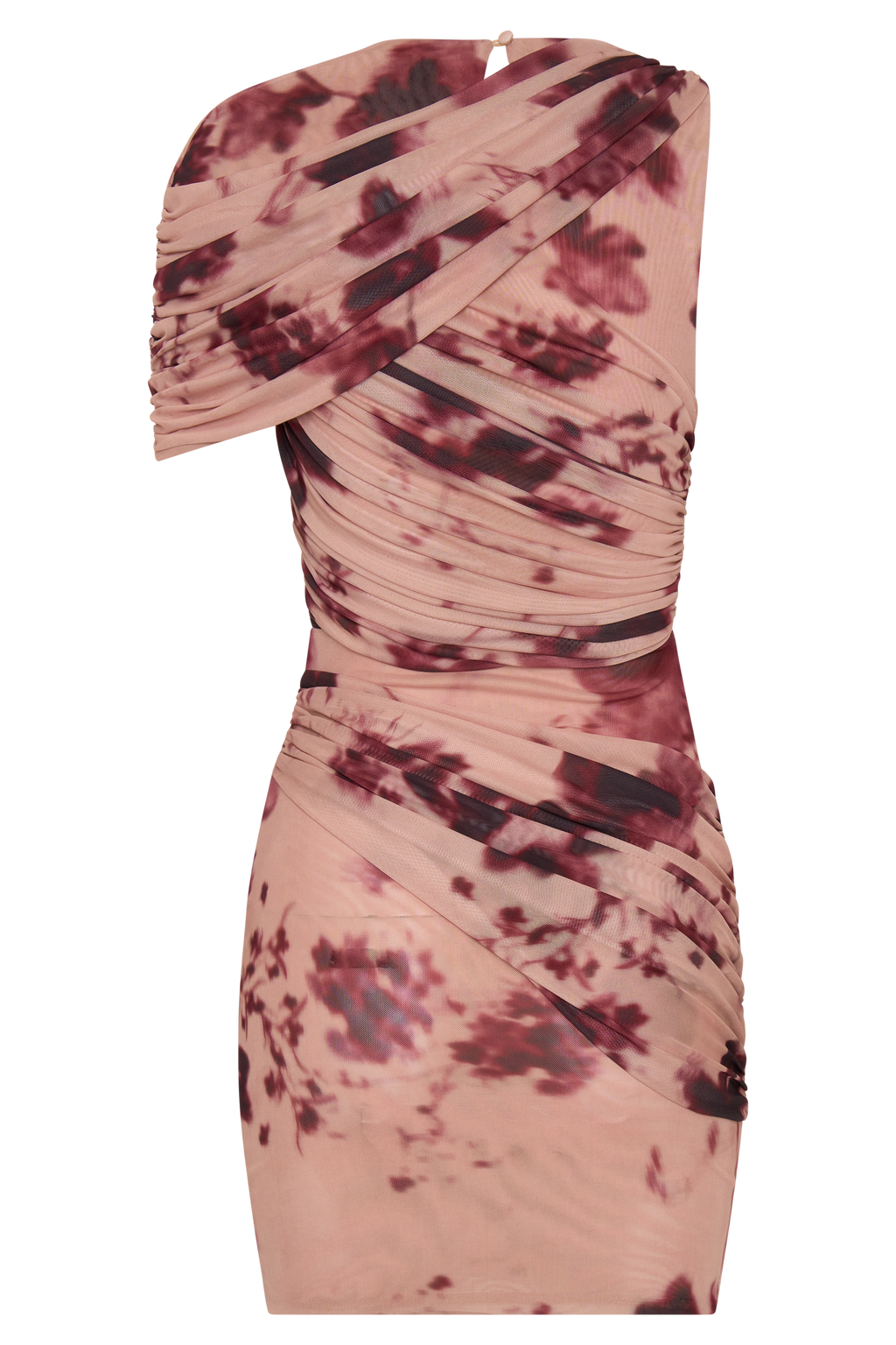 Adrienne One Shoulder Mesh Mini Dress - Nude Blurred Floral Print
