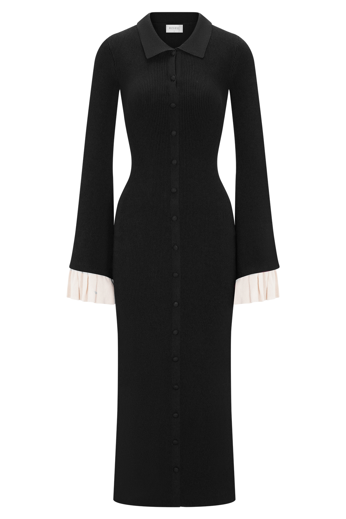 Amirose Ruffle Knit Midi Dress - Black