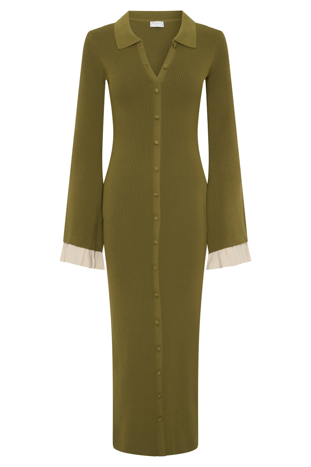 Amirose Ruffle Knit Midi Dress - Olive