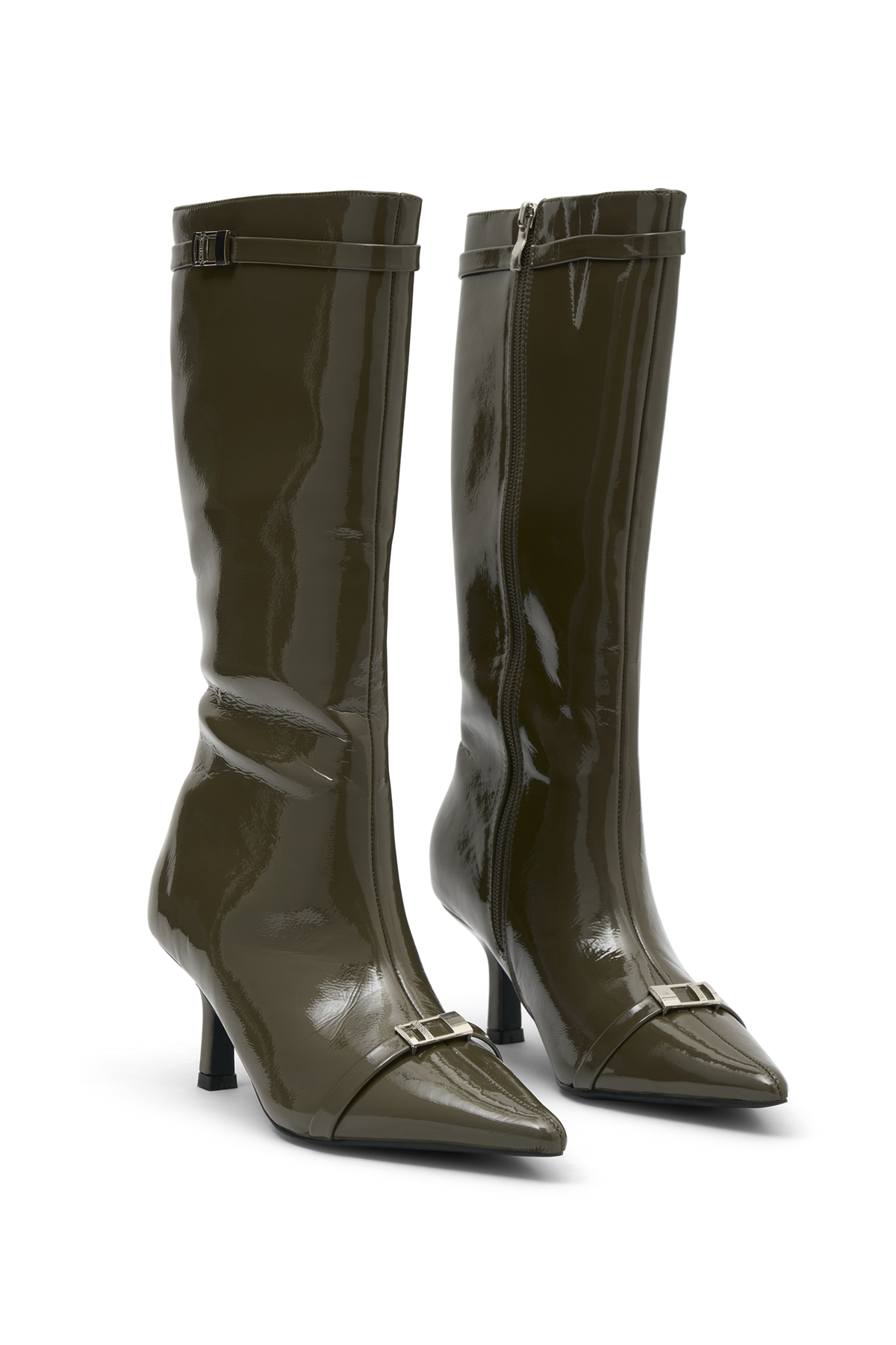 Astra Patent Faux Leather Buckle Boot - Khaki