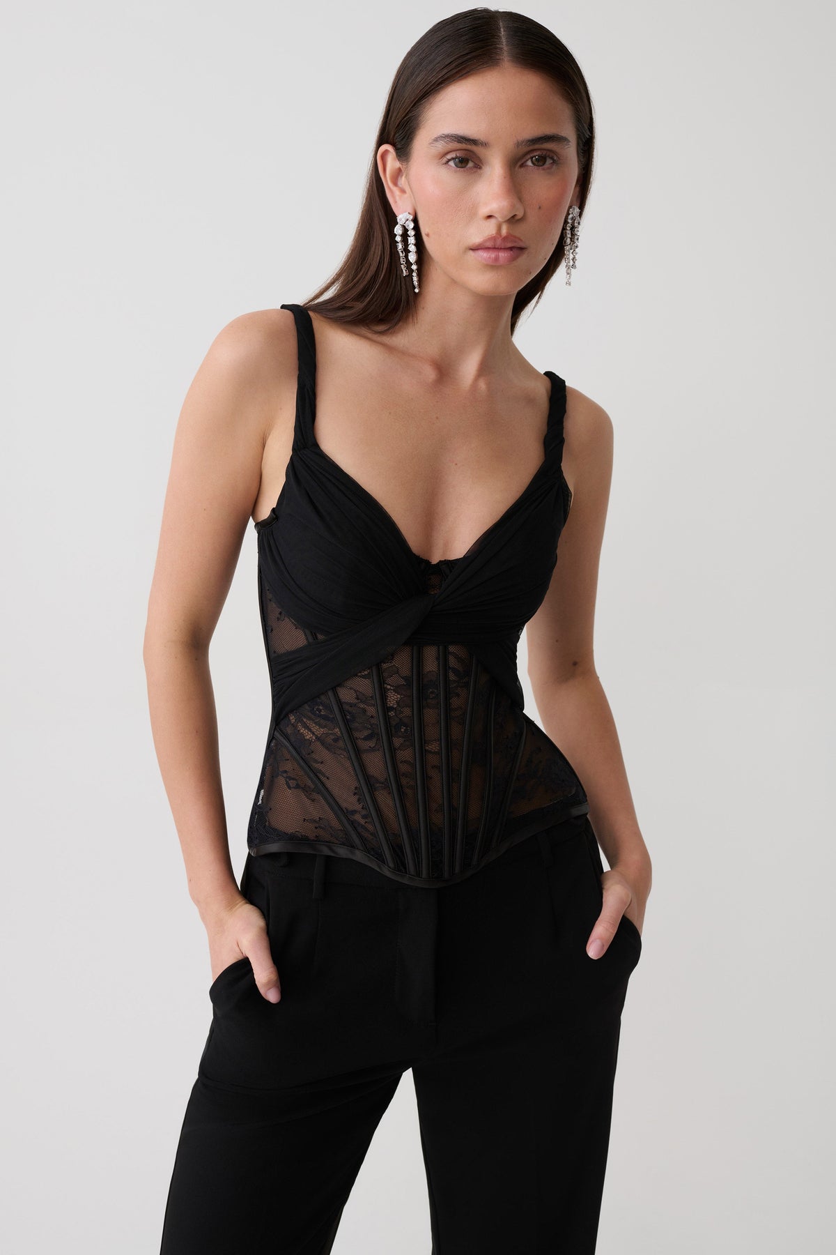 Nadia Tulle Boned Corset - Black