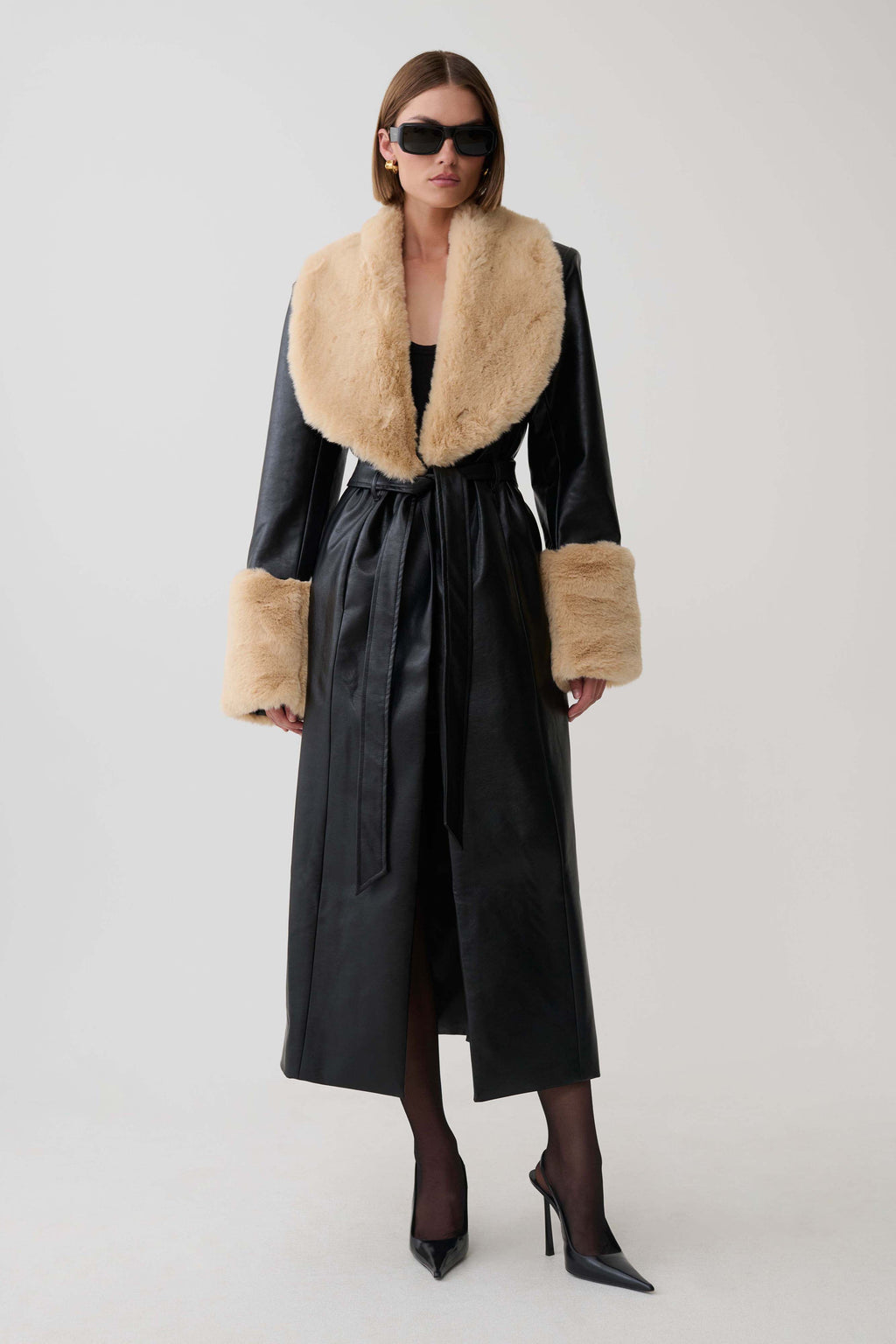Bec Faux Leather Trench Coat With Faux Fur - Black/Beige