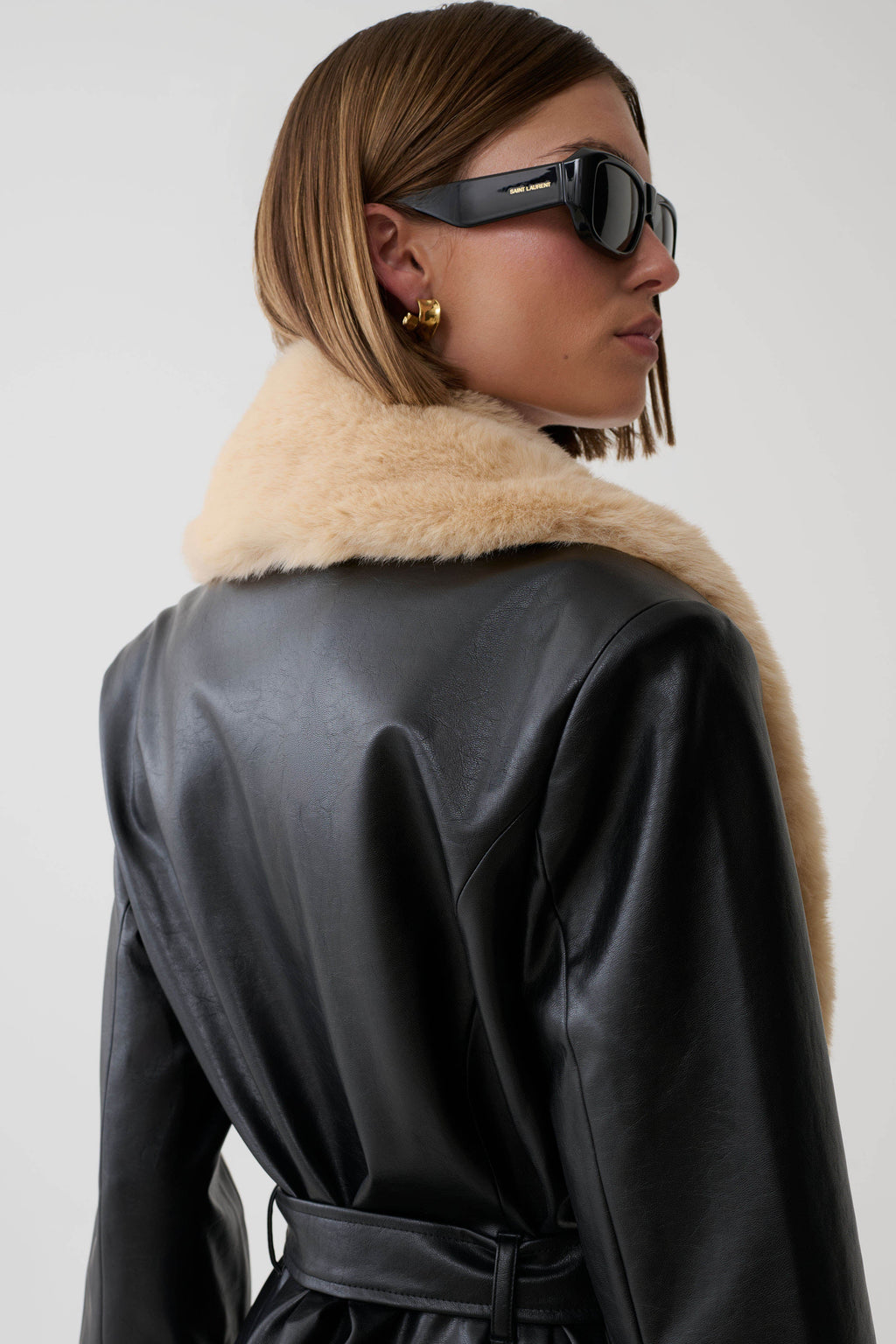 Bec Faux Leather Trench Coat With Faux Fur - Black/Beige