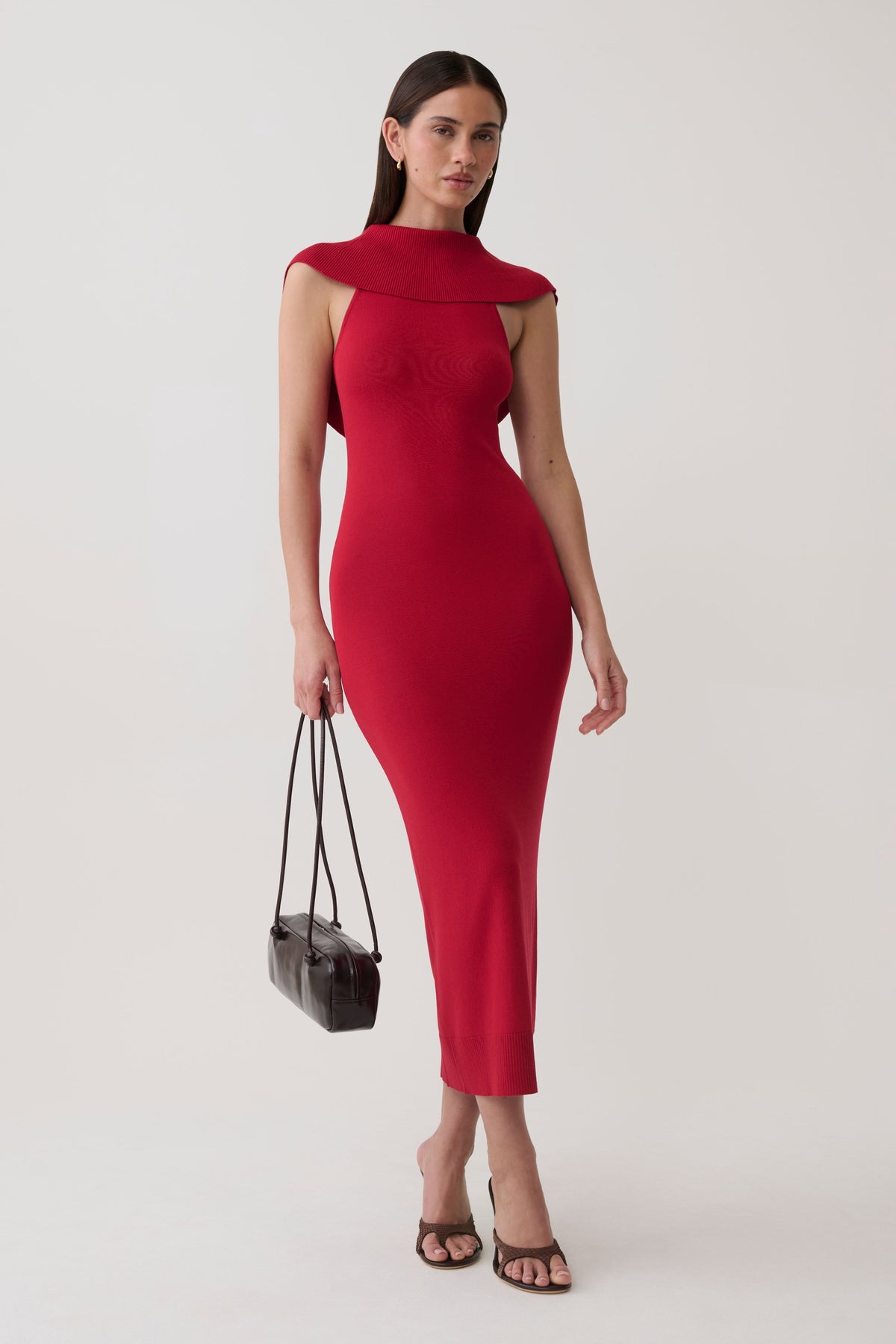 Ellen Ribbed Midi Column Knit Dress - Red
