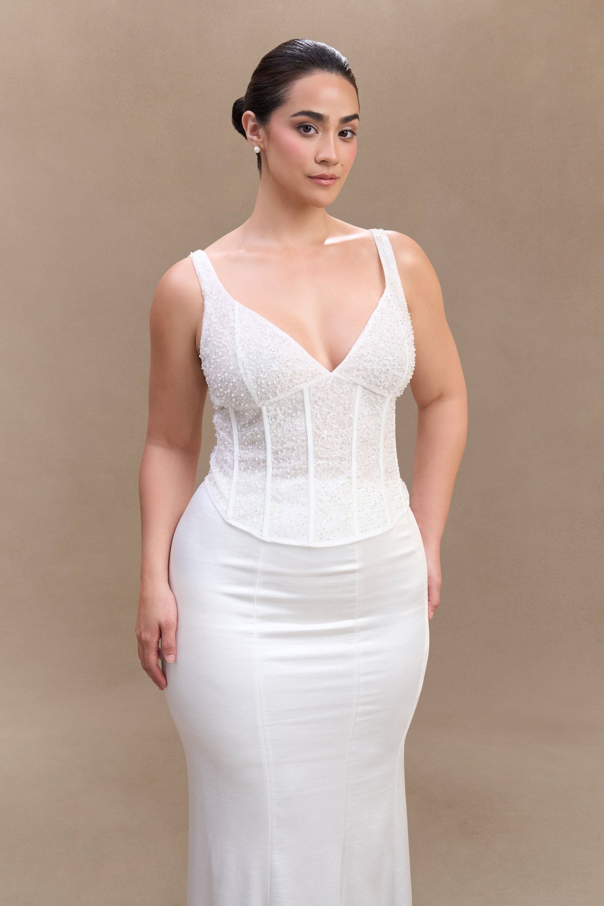 Elsie Pearl Beaded Bustier Top - White