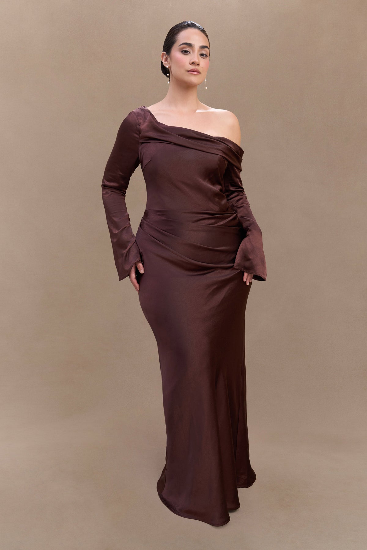 Iris Long Sleeve Satin Maxi Dress - Dark Chocolate