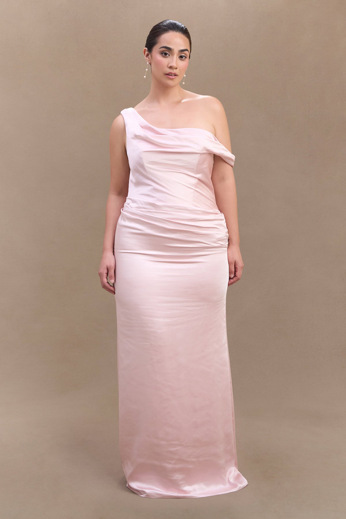 Dalia Off Shoulder Satin Maxi Dress - Soft Pink