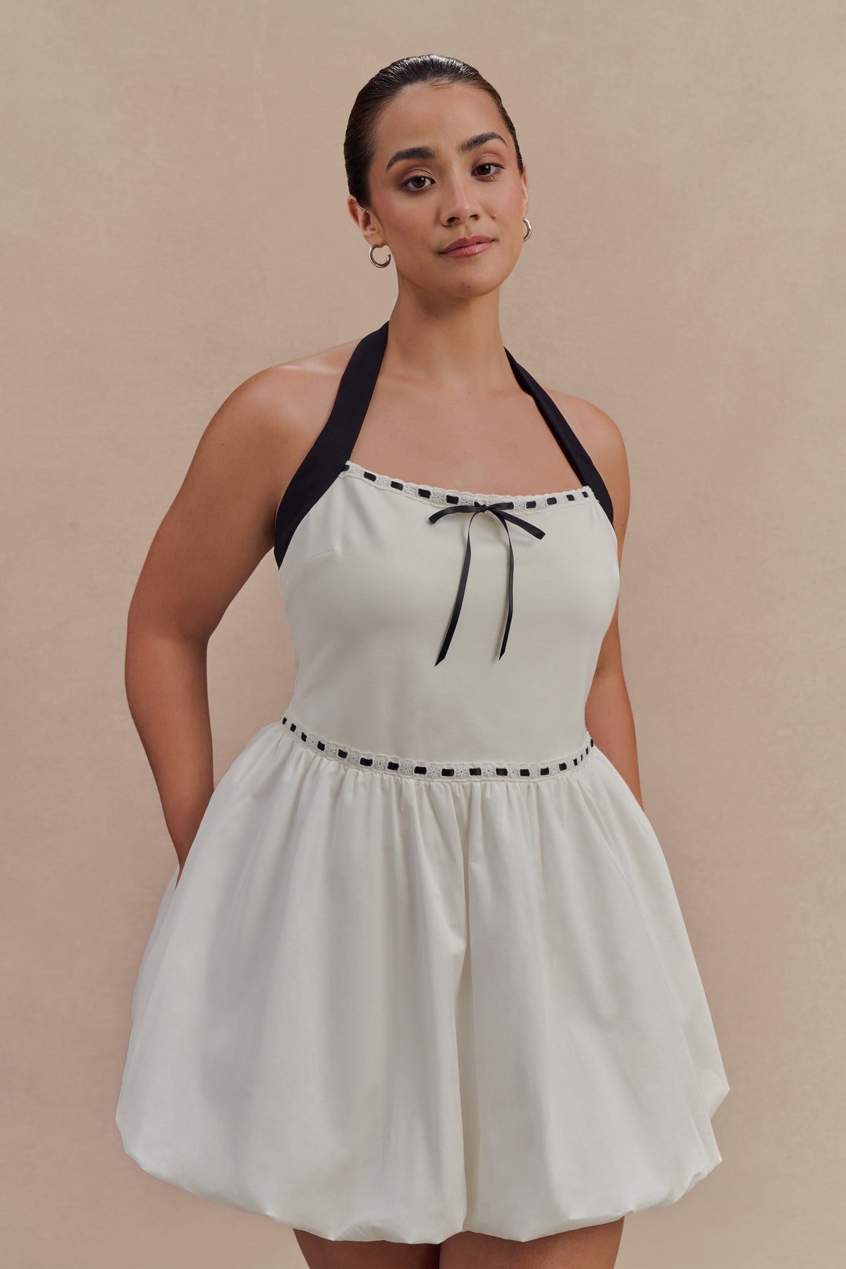 Queenie Halter Bubble Mini Dress - Black/White