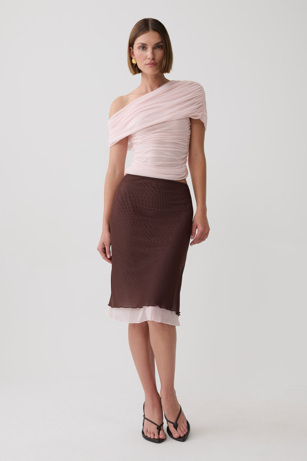 Janet Mesh Midi Skirt - Pale Pink/Chocolate