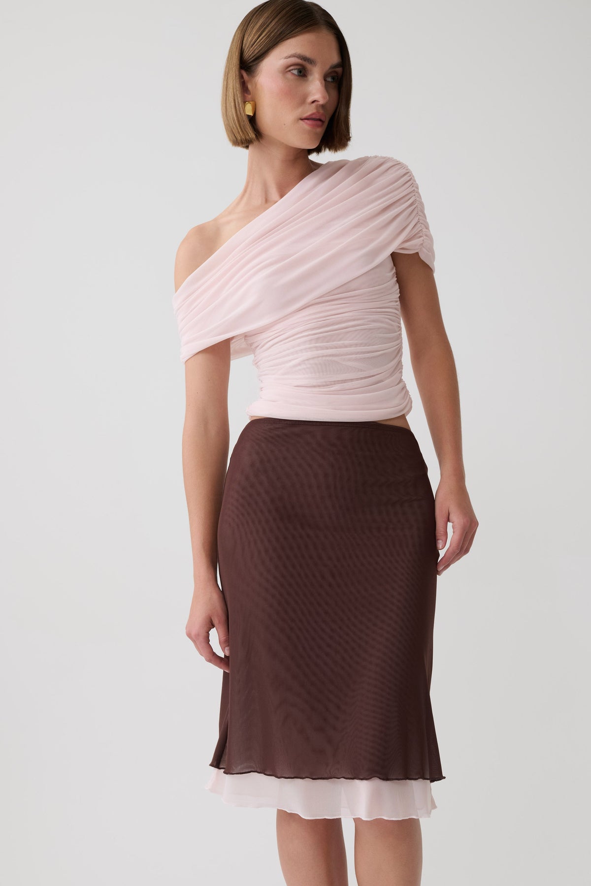 Janet Mesh Midi Skirt - Pale Pink/Chocolate