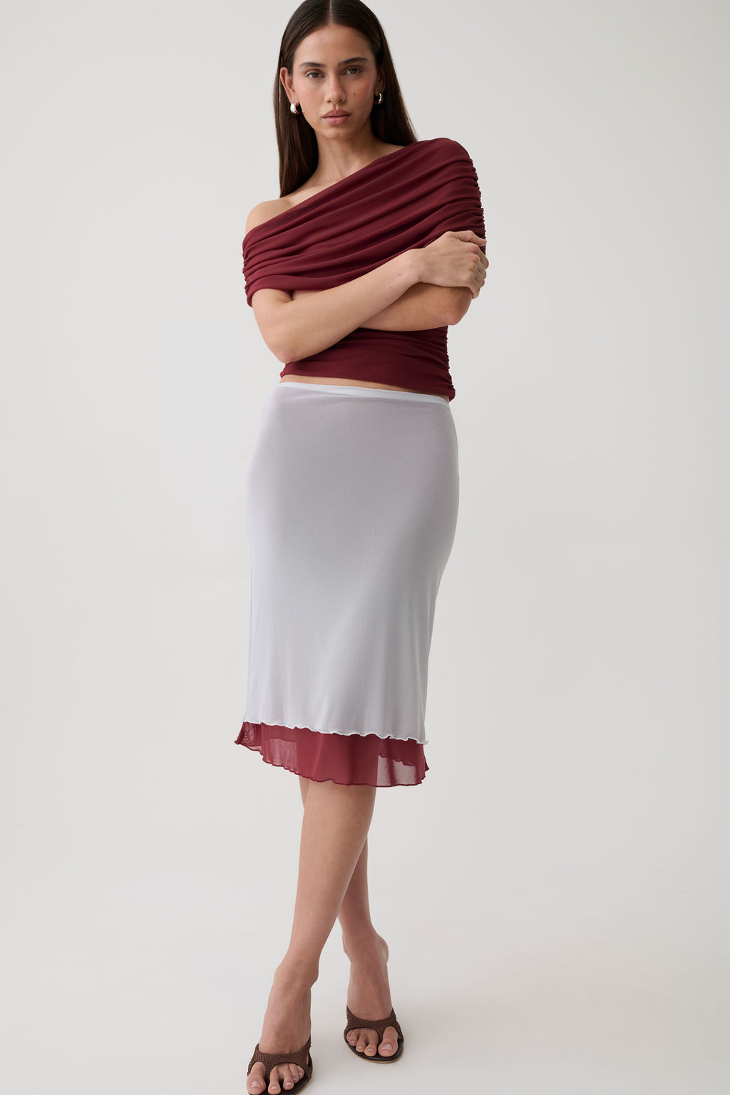 Janet Mesh Midi Skirt - Wine/Pale Blue