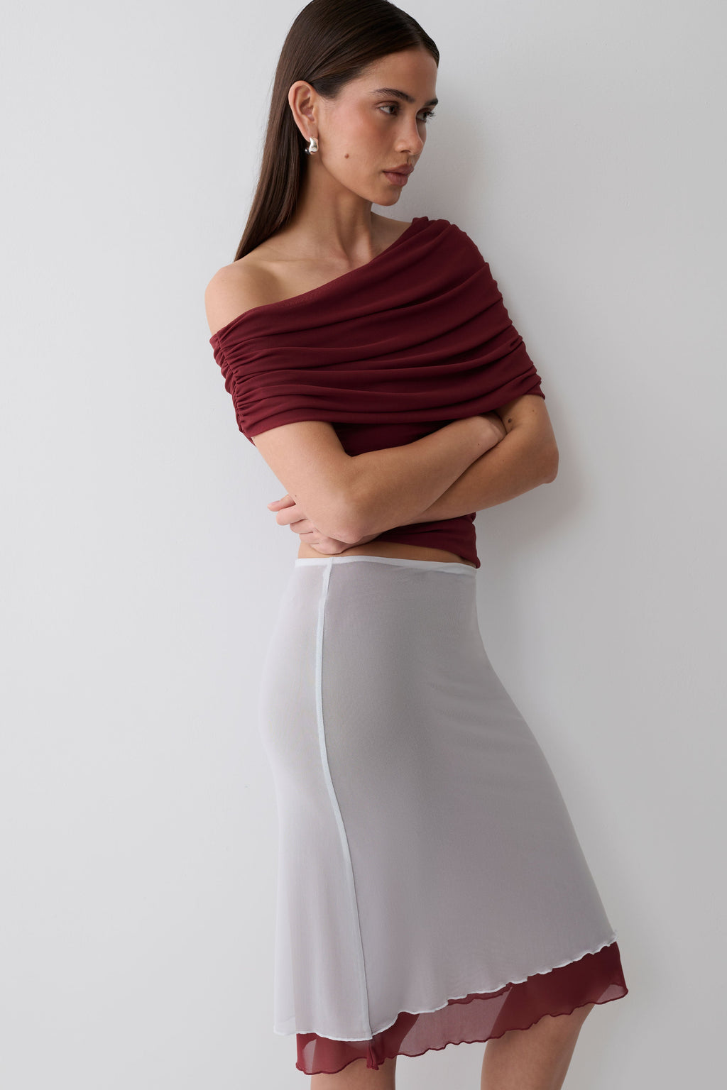 Janet Mesh Midi Skirt - Wine/Pale Blue