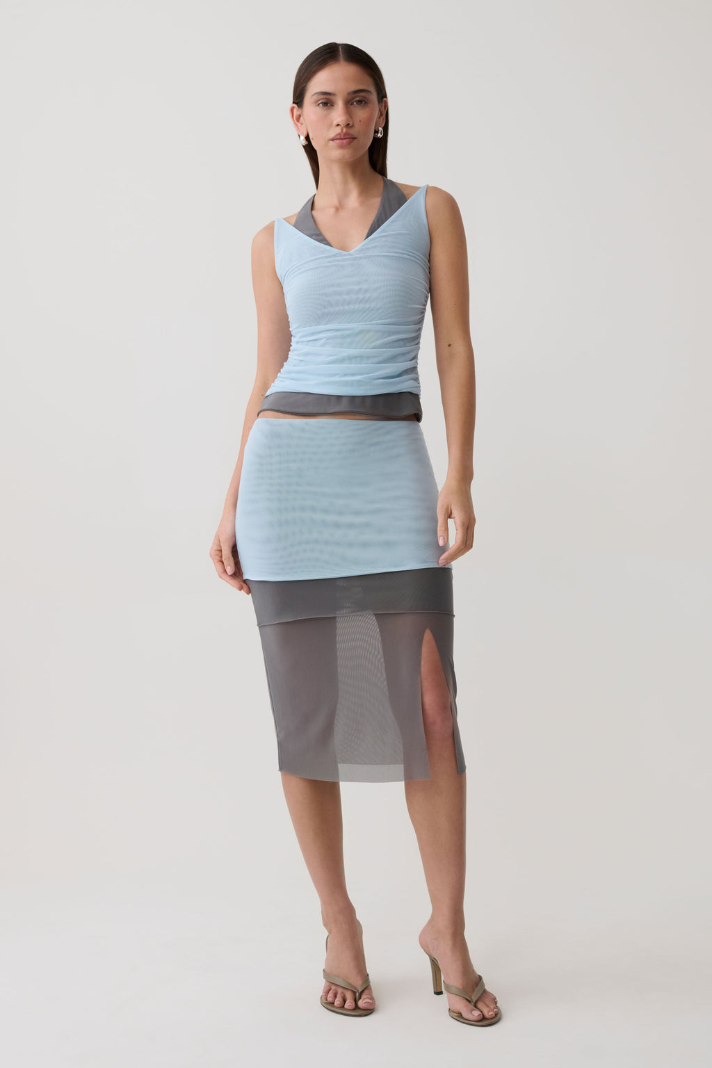 Arielle Mesh Layered Midi Skirt - Pale Blue/Navy