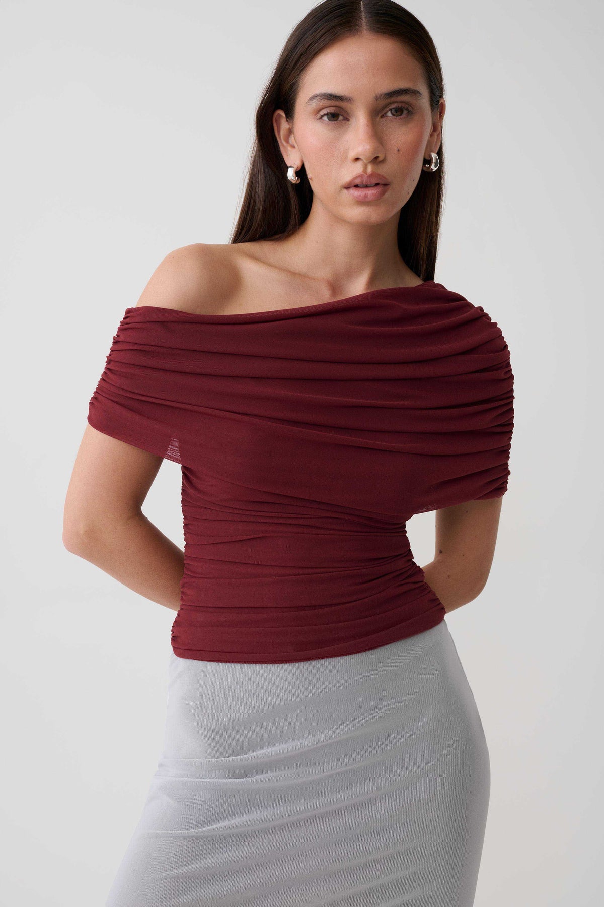 Arina Fluid Loose Neck Jersey Mesh Top - Wine