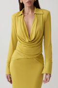 Elmira Long Sleeve Slinky Gather Detail Top - Chartreuse