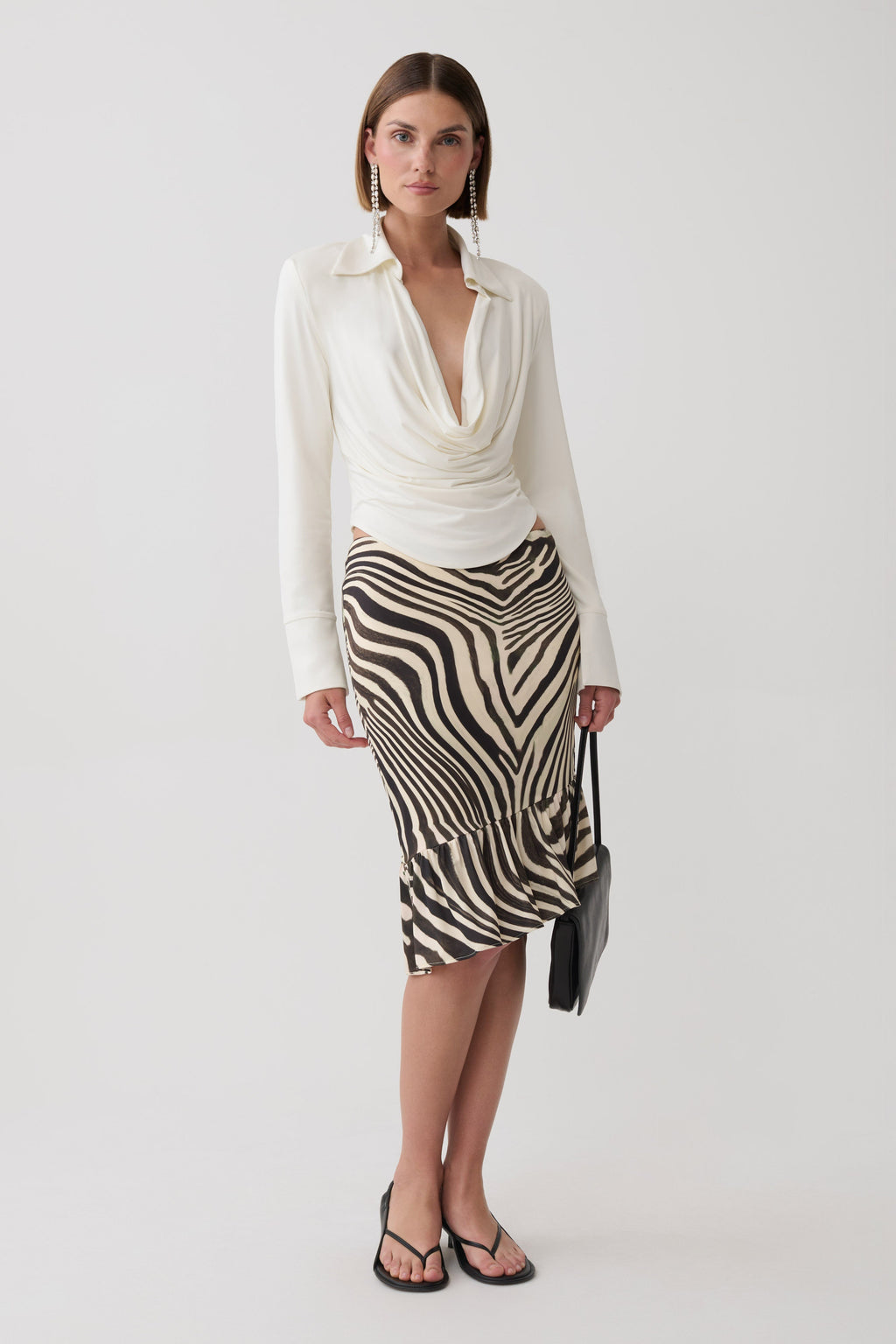Elmira Long Sleeve Slinky Gather Detail Top - Ivory