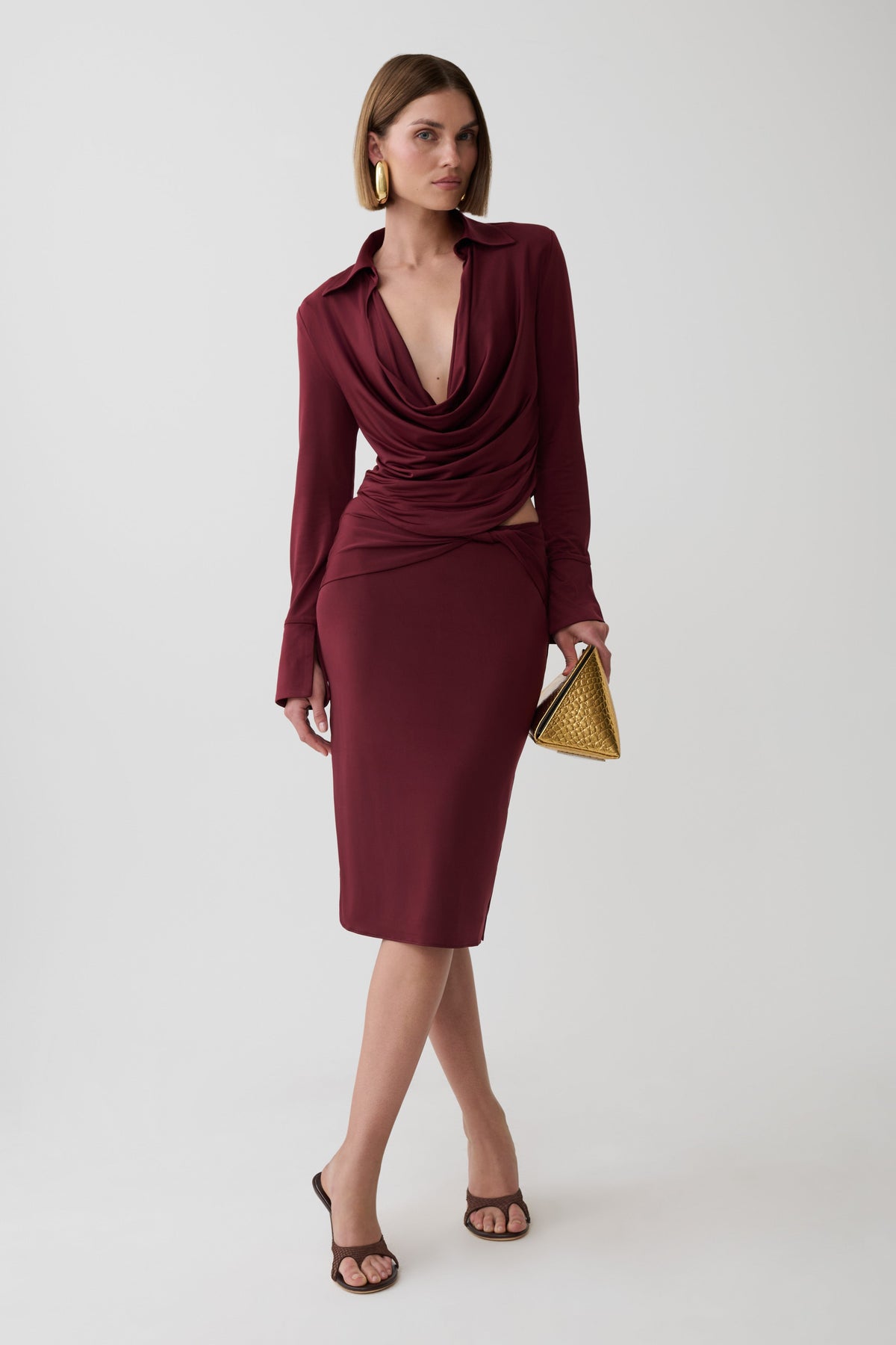 Elmira Long Sleeve Slinky Gather Detail Top - Wine