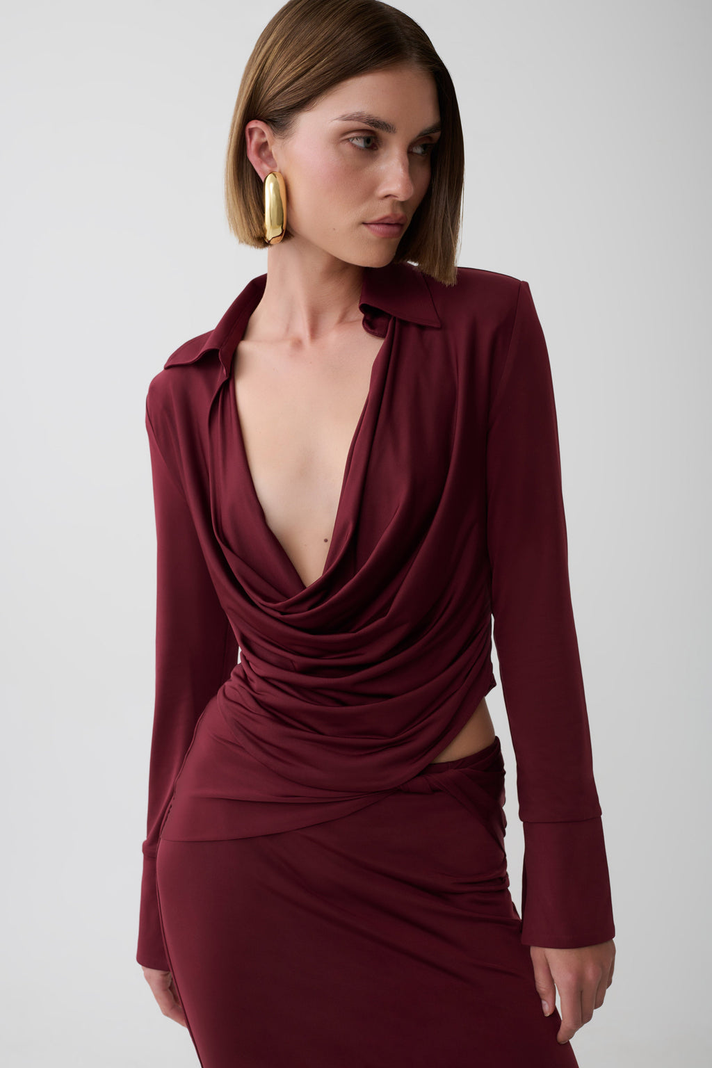 Elmira Long Sleeve Slinky Gather Detail Top - Wine