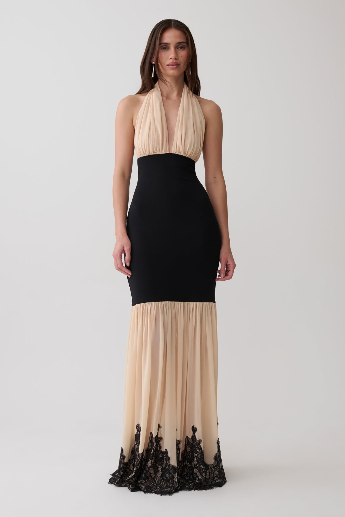 Leeana Jersey And Lace Halter Maxi Dress - Black/Nude