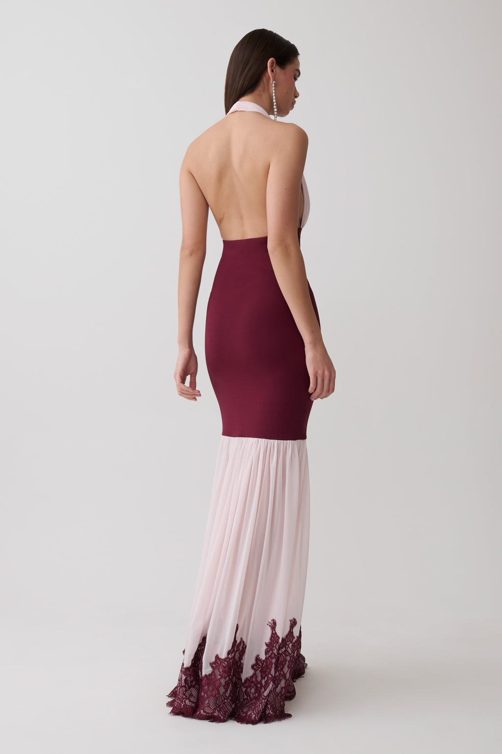 Leeana Jersey And Lace Halter Maxi Dress - Burgundy/Pink
