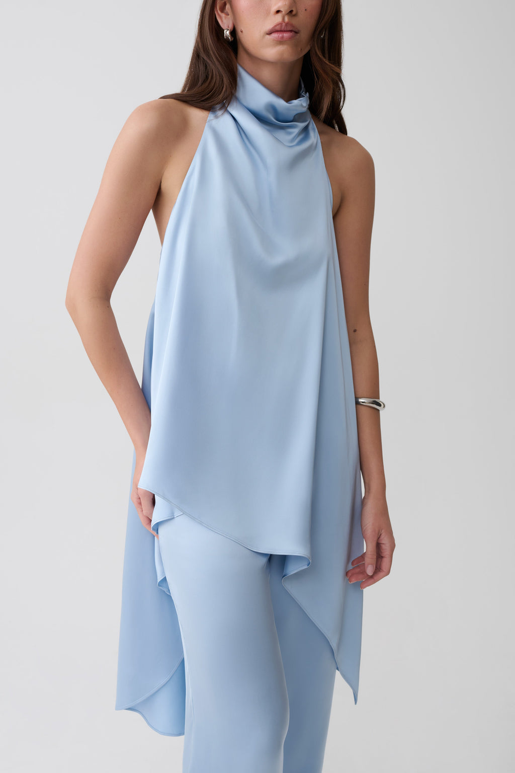 Sydney Asymmetrical Satin Halter Top - Cornflower Blue