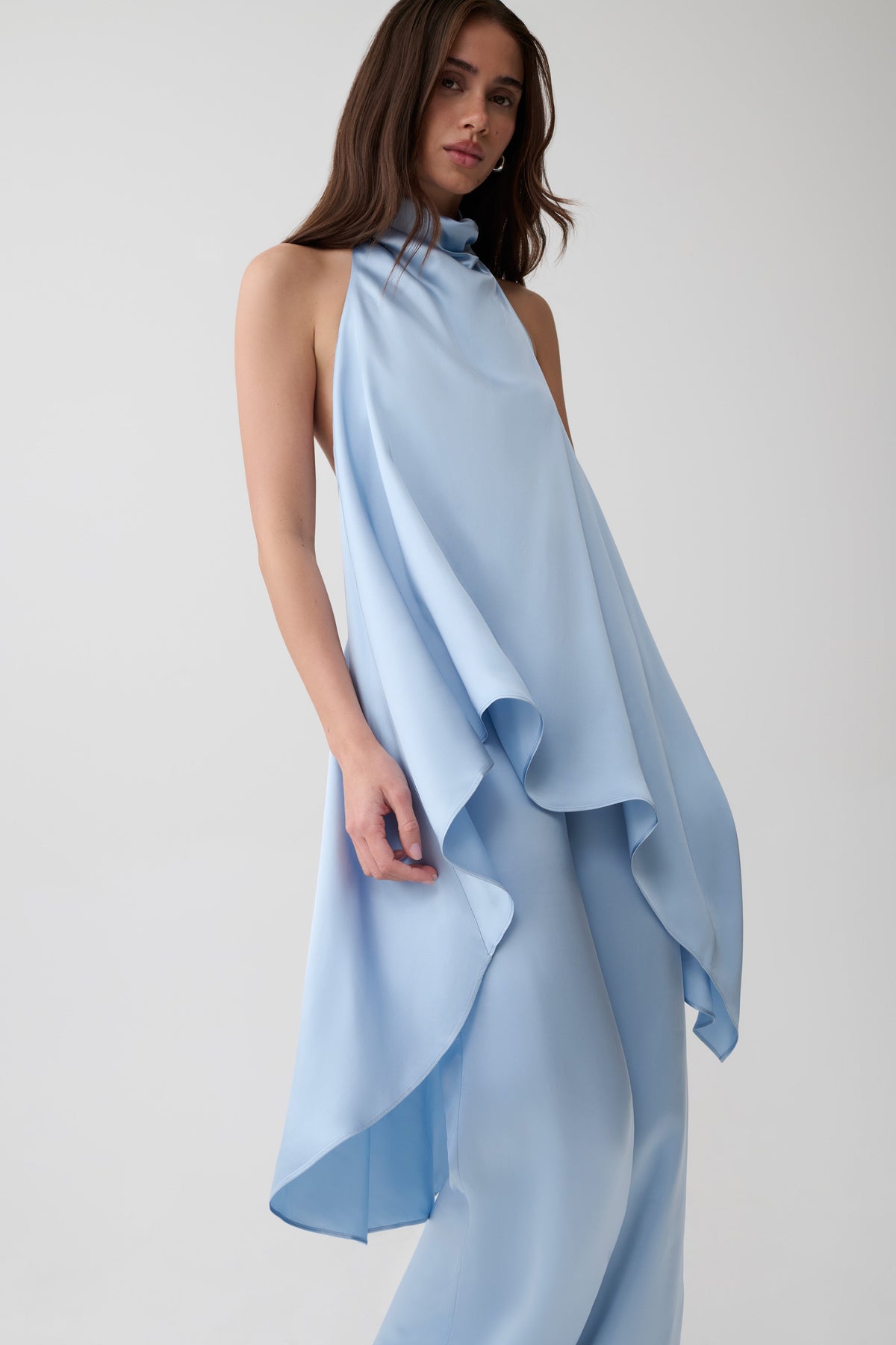 Sydney Asymmetrical Satin Halter Top - Cornflower Blue