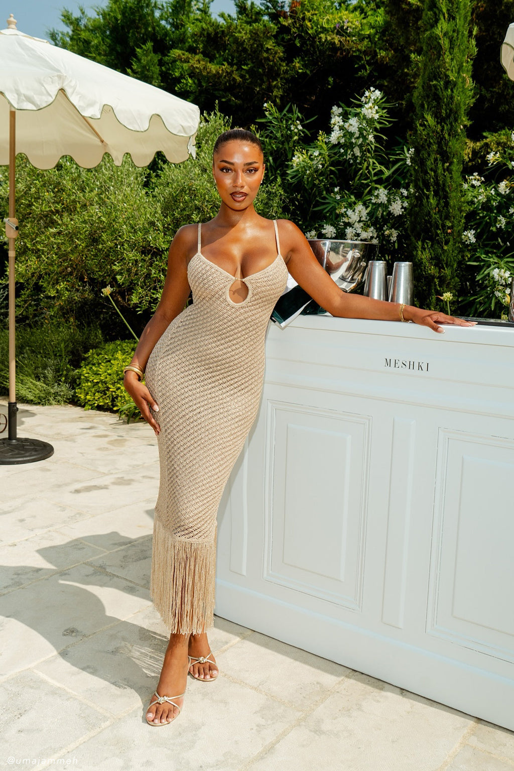 Raelynn Metallic Knit Fringe Midi Dress - Gold